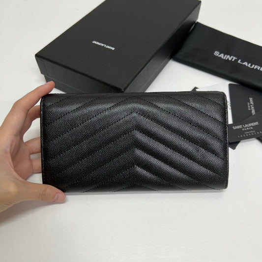 YSL Long Wallet Black Leather Black Tone 10767 19cm