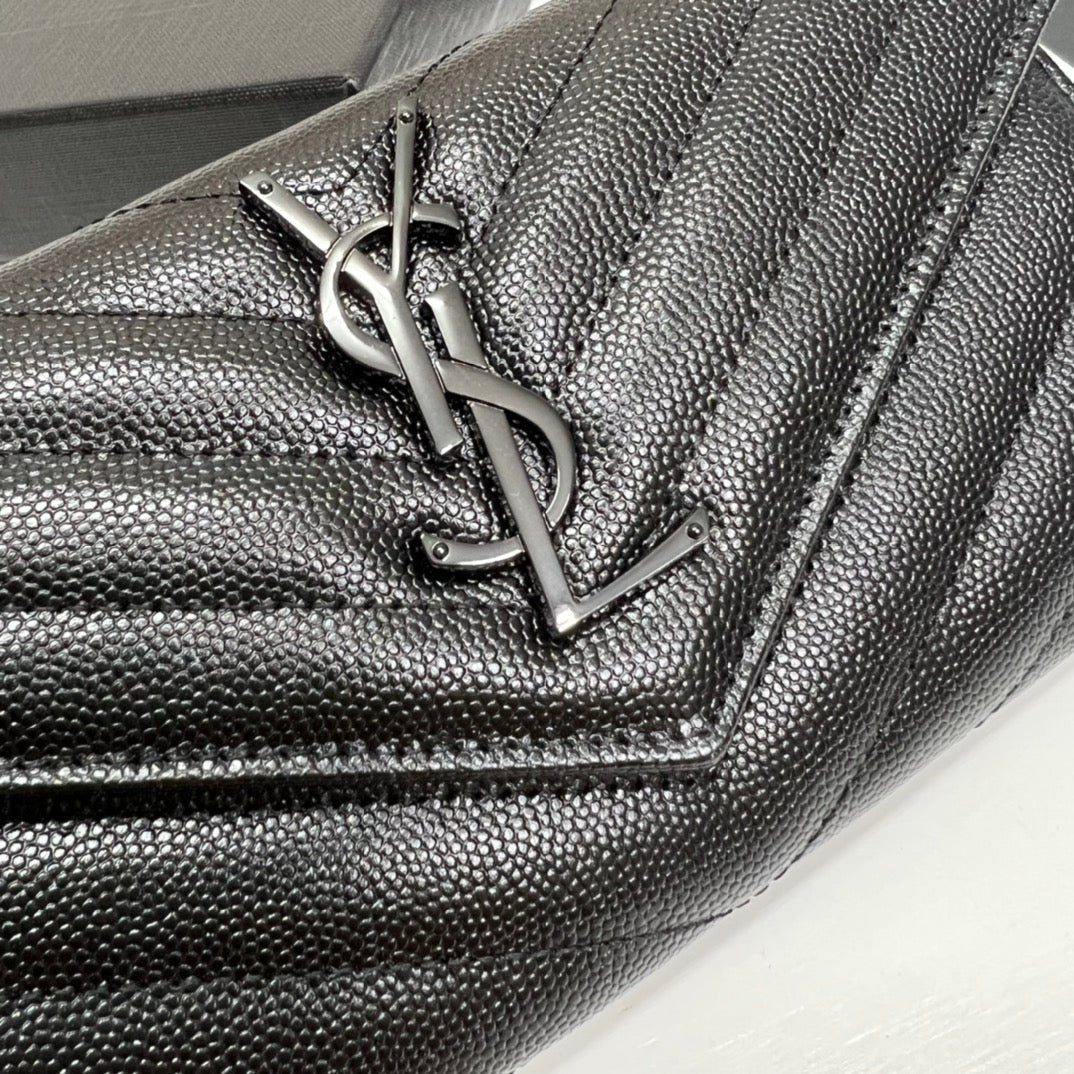 YSL Long Wallet Black Leather Black Tone 10767 19cm